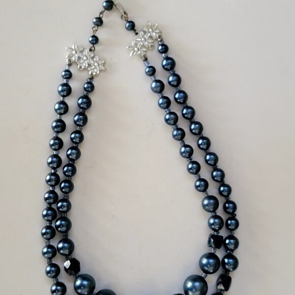 Elegant Vintage Navy Blue Faux Pearl Beaded Necklace Silver Made in Japan - Picture 3 of 10